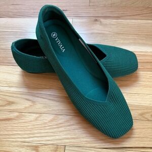Vivaia Emerald Green Knit Square-Toe Ballet Flats